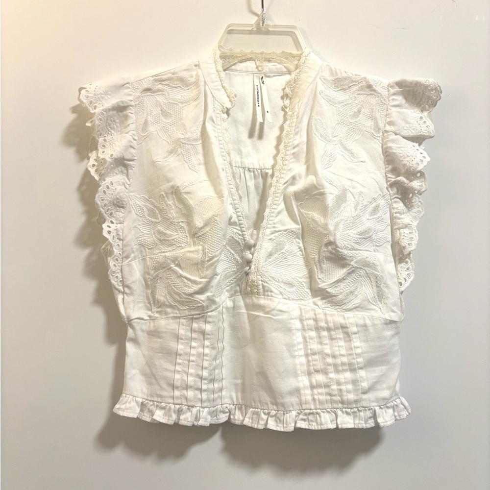 Anthropologie Ivory Embroidered Ruffle Blouse
